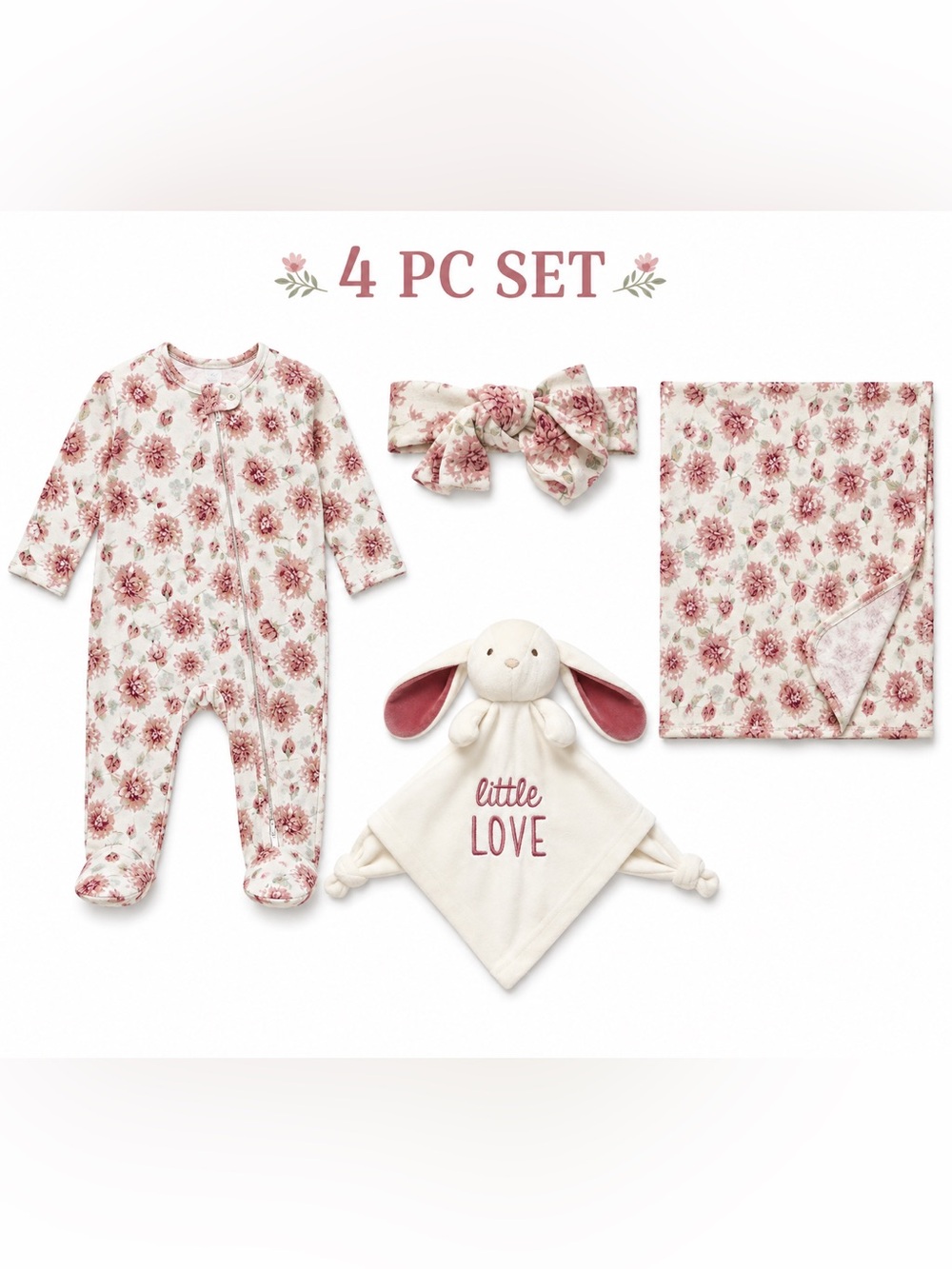 NWT Baby Essentials 4-Piece Little Love Floral Baby 3M Set - mauve roses. Bamboo